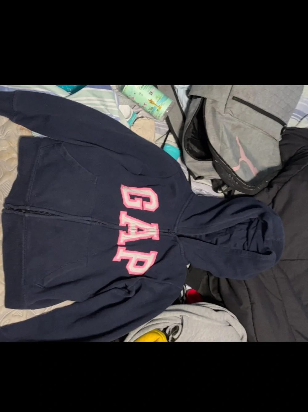 GAP Navy Zip-Up Hoodie with Pink Lettering